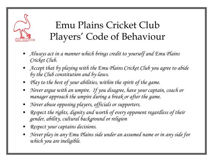emu plains cricket club players code of behaviour