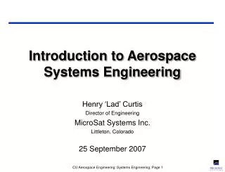 Introduction to Aerospace Systems Engineering