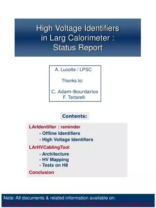 High Voltage Identifiers in Larg Calorimeter : Status Report