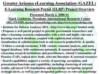 Greater Arizona eLearning Association (GAZEL) E-Learning Research Portal (ELRP) Project Overview