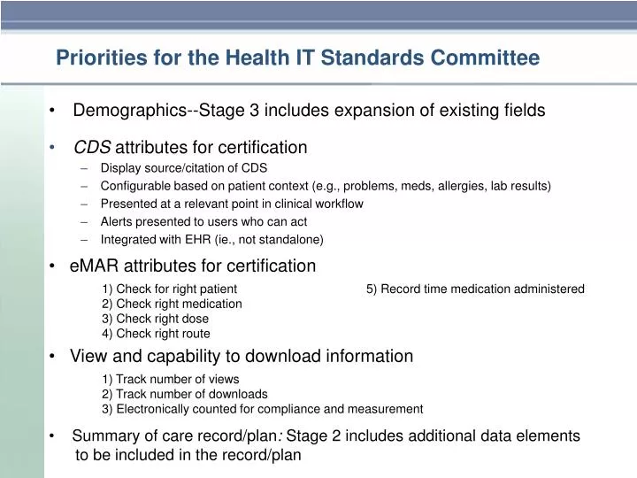 priorities for the health it standards committee