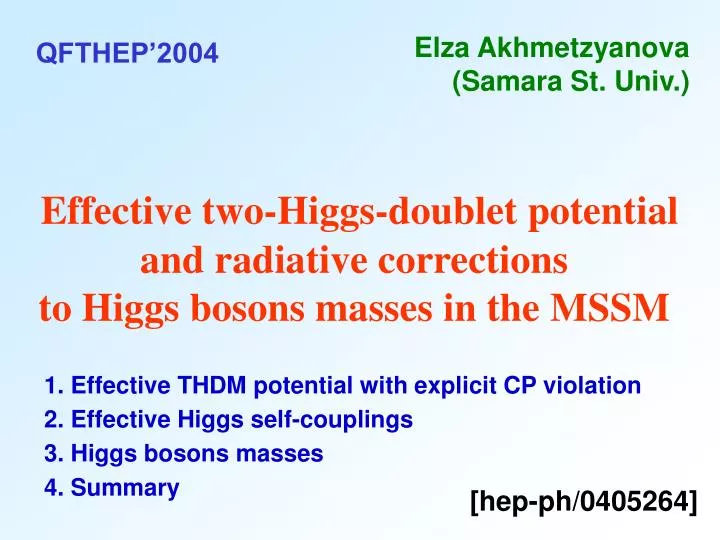 effective two higgs doublet potential and radiative corrections to higgs bosons masses in the mssm