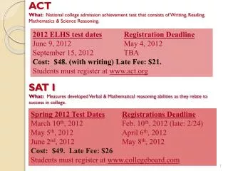 2012 ELHS test dates Registration Deadline June 9, 2012			May 4, 2012 September 15, 2012		TBA