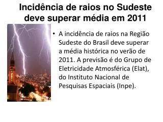 Incidência de raios no Sudeste deve superar média em 2011