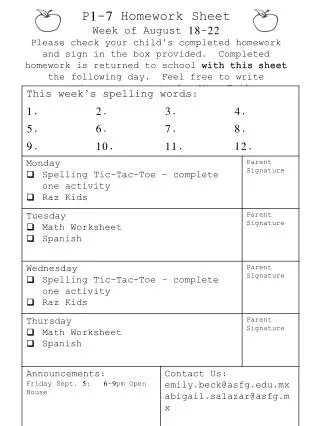 P1-7 Homework Sheet Week of August 18-22