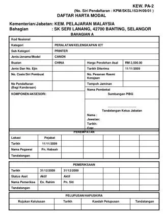 KEW. PA-2 (No. Siri Pendaftaran : KPM/SKSL153/H/09/01 ) DAFTAR HARTA MODAL
