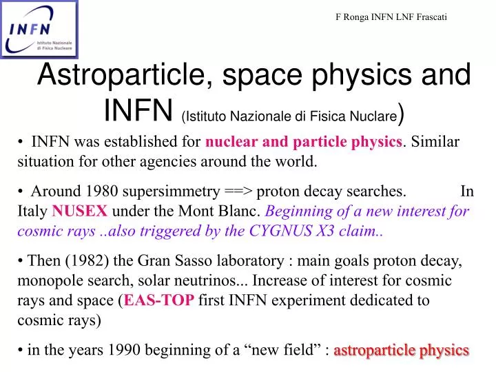 astroparticle space physics and infn istituto nazionale di fisica nuclare