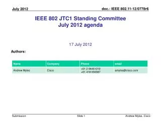 IEEE 802 JTC1 Standing Committee July 2012 agenda
