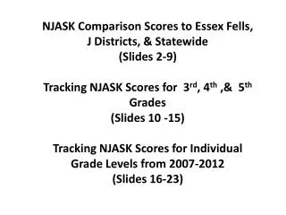 NJASK Comparison Scores to Essex Fells, J Districts, &amp; Statewide (Slides 2-9)