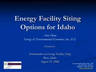Energy Facility Siting Options for Idaho