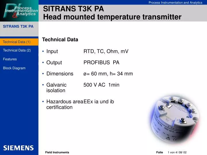 sitrans t3k pa head mounted temperature transmitter