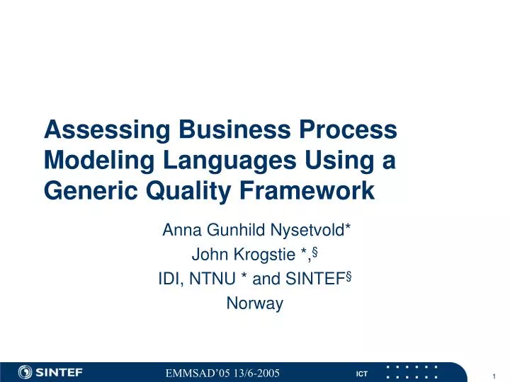 assessing business process modeling languages using a generic quality framework