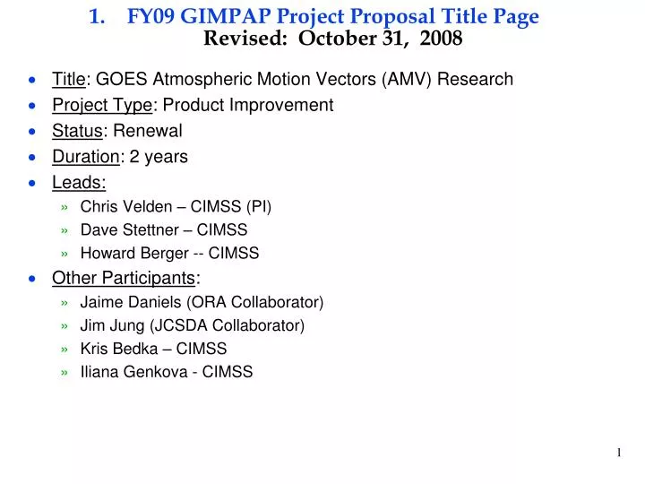 fy09 gimpap project proposal title page revised october 31 2008