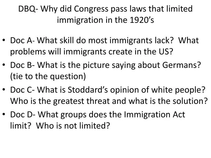 dbq why did congress pass laws that limited immigration in the 1920 s