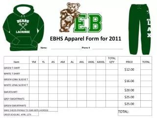 EBHS Apparel Form for 2011