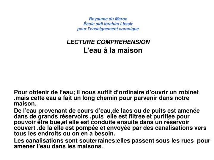 royaume du maroc cole sidi ibrahim lbssir pour l enseignement coranique lecture comprehension