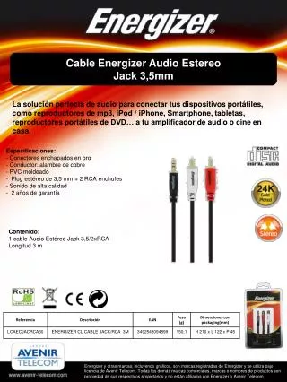 Cable Energizer Audio Estereo Jack 3,5mm