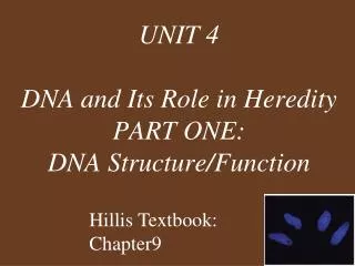 UNIT 4 DNA and Its Role in Heredity PART ONE: DNA Structure/Function