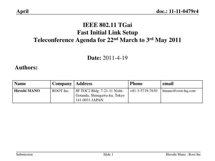 ieee 802 11 tgai fast initial link setup teleconference agenda for 22 nd march to 3 rd may 2011