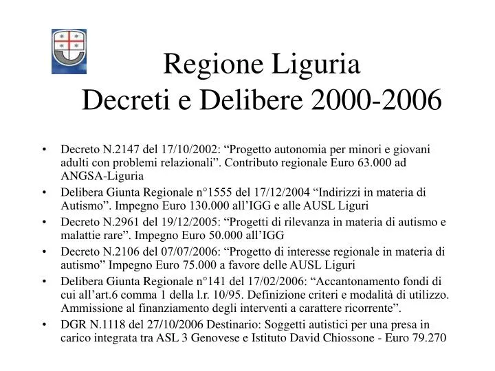 regione liguria decreti e delibere 2000 2006