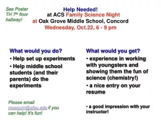 Help Needed! at ACS Family Science Night at Oak Grove Middle School, Concord