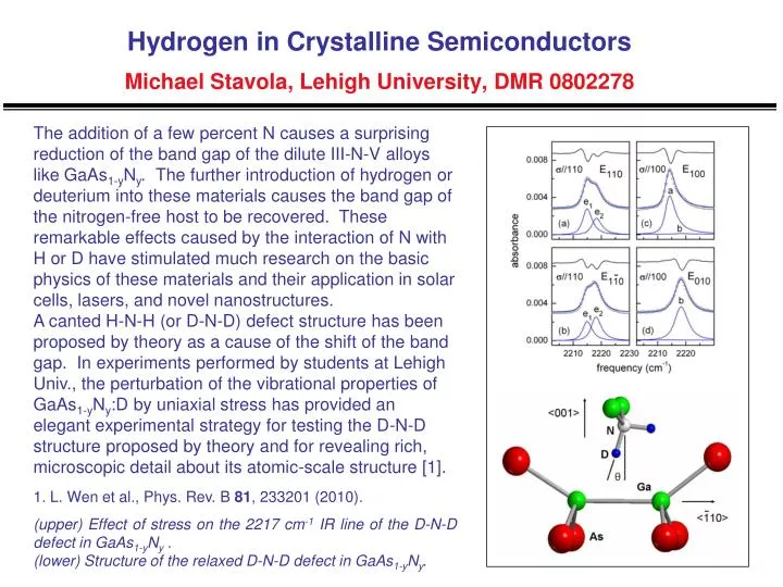 hydrogen in crystalline semiconductors michael stavola lehigh university dmr 0802278