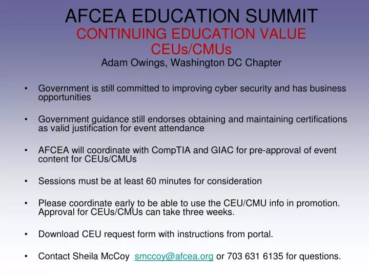 afcea education summit continuing education value ceus cmus adam owings washington dc chapter