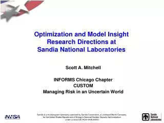 Optimization and Model Insight Research Directions at Sandia National Laboratories