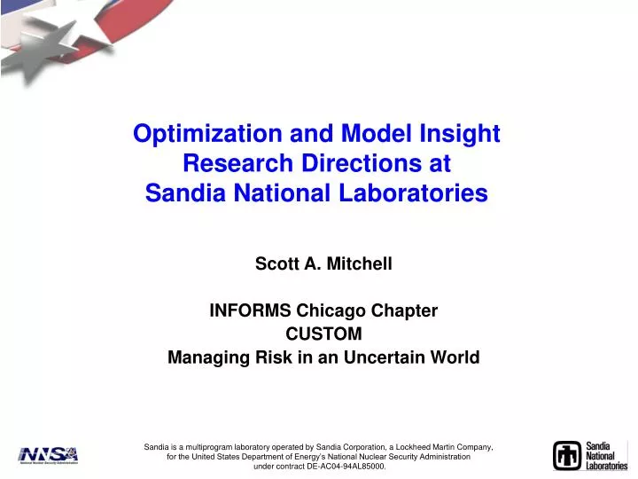 optimization and model insight research directions at sandia national laboratories