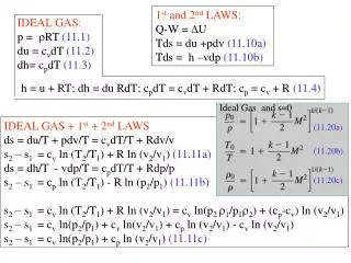 IDEAL GAS: p = ?RT (11.1) du = c v dT (11.2) dh= c p dT (11.3)