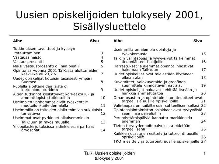 uusien opiskelijoiden tulokysely 2001 sis llysluettelo