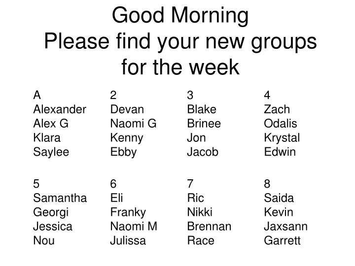 good morning please find your new groups for the week