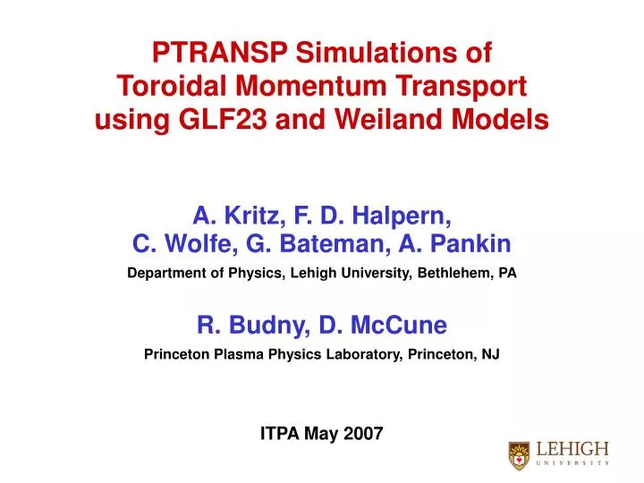 ptransp simulations of toroidal momentum transport using glf23 and weiland models