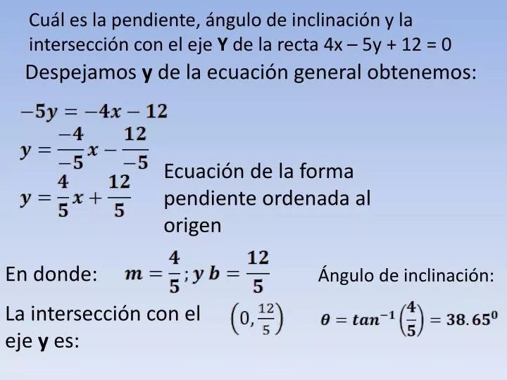 cu l es la pendiente ngulo de inclinaci n y la intersecci n con el eje y de la recta 4x 5y 12 0