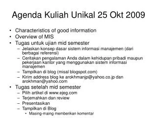 agenda kuliah unikal 25 okt 2009