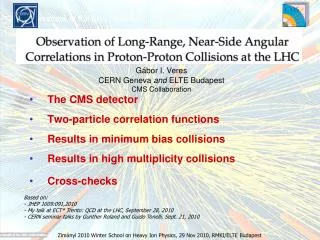 The CMS detector Two-particle correlation functions Results in m inimum bias collisions