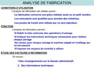 analyse de fabrication