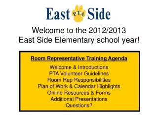 Welcome to the 2012/2013 East Side Elementary school year! Room Representative Training Agenda