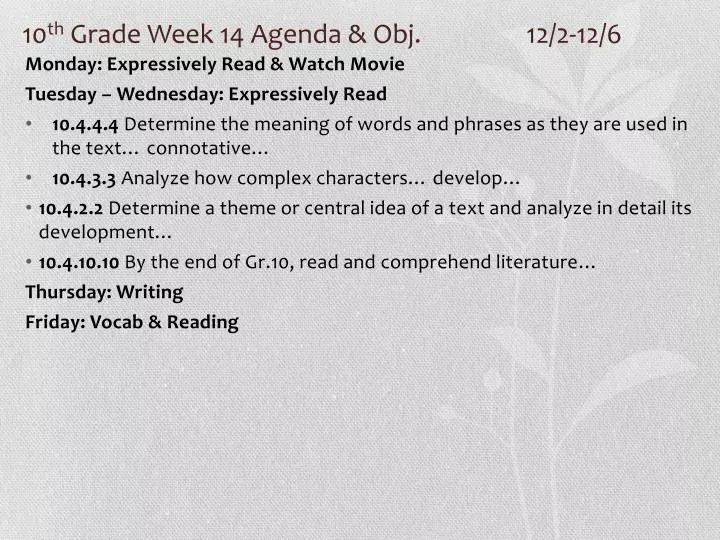 10 th grade week 14 agenda obj 12 2 12 6