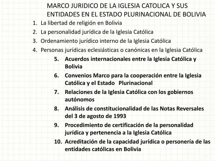 marco juridico de la iglesia catolica y sus entidades en el estado plurinacional de bolivia