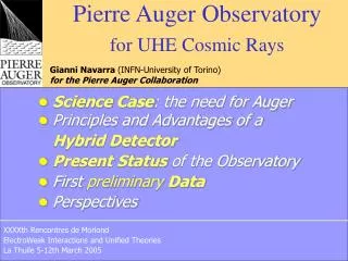 Pierre Auger Observatory for UHE Cosmic Rays