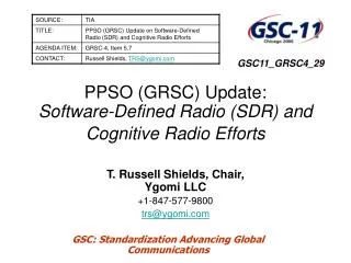 PPSO (GRSC) Update: Software-Defined Radio (SDR) and Cognitive Radio Efforts