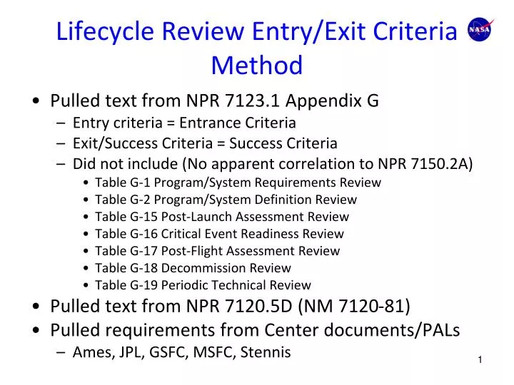lifecycle review entry exit criteria method