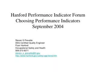 Hanford Performance Indicator Forum Choosing Performance Indicators September 2004