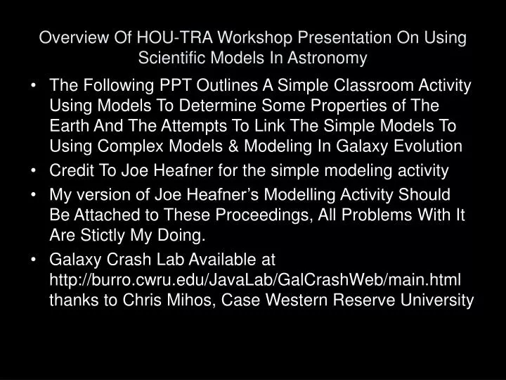 overview of hou tra workshop presentation on using scientific models in astronomy