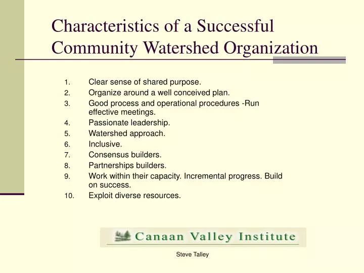 characteristics of a successful community watershed organization