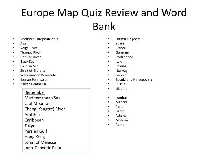 europe map quiz review and word bank
