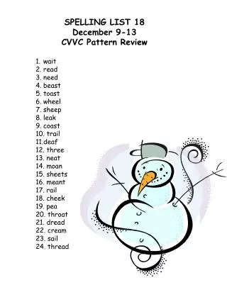 SPELLING LIST 18 December 9-13 CVVC Pattern Review wait r ead n eed beast toast wheel sheep