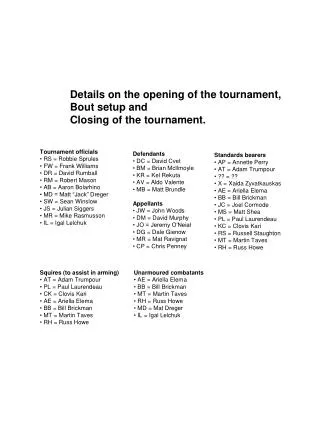 Details on the opening of the tournament, Bout setup and Closing of the tournament.