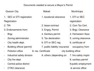 Documents needed to secure a Mayor’s Permit